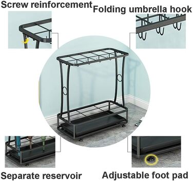 Підставка для парасольки HYUREWF, чорний комерційний тримач, велика місткість для вільного зберігання, з гачком і піддоном для крапель (18 отворів, 10 гачків (21 отвір, 24 гачки)) 10 отворів 8 гачків