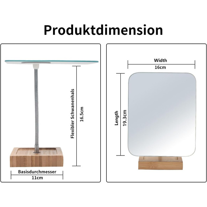 Гнучке дзеркало для макіяжу гусяча шия з бамбука, обертається на 360, 20,3 см, велике, безрамне, складне, портативне, настільне настільне дзеркало з підставкою, для ванної, гоління, макіяжу