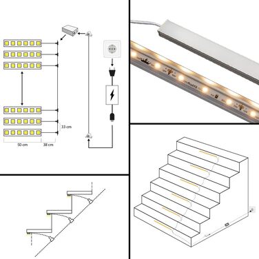 Освітлення сходових маршів, з детектором руху, LED стрічка 50 см з алюмінієвим профілем, теплий білий 2700K, комплектація на 10-16 сходинок (12 сходинок)