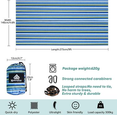 Туристичний кемпінг-гамак NATUREFUN 275 x 140 см преміум-класу максимальна вантажопідйомність до  300 кг дихаючий, швидковисихаючий з парашутного нейлону з 2 карабінами синьо-біла смуга