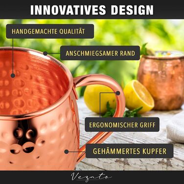 Кружки Vezato Moscow Mule Mugs 500 мл - Ковані мідні кружки з соломинками - Набір ручної роботи 4 шт. и - Мідні кружки з нержавіючої сталі