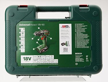 Акумуляторний ударний дриль Bosch UniversalImpact 18V-60 (свердління та загвинчування в деревині та металі або ударне свердління в цегляній кладці 42 свердла акумулятор 2,0 Ач система 18 вольт кейс) - Storeo Edition Green Premium Set 1 акумулятор