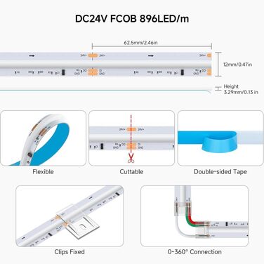 Гнучка світлодіодна стрічка COB високої щільності WS2814 IC RGBW світлодіодна стрічка 1M 784LEDs/m 21W/M DC24V IP30 Карбування кольору Прикраса своїми руками (не контролер вмісту та блок живлення) (Fcob RGBNW, 24 В 5 М 896 світлодіодів/м), 4000K)