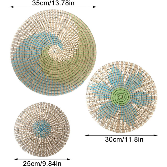Прикраса настінного кошика в стилі бохо Круглі плетені кошики з морської трави Натуральний бохо Декоративний підвісний кошик Геометричний дизайн Богемні підвісні прикраси для вітальні, офісу, спальні, 3 шт.