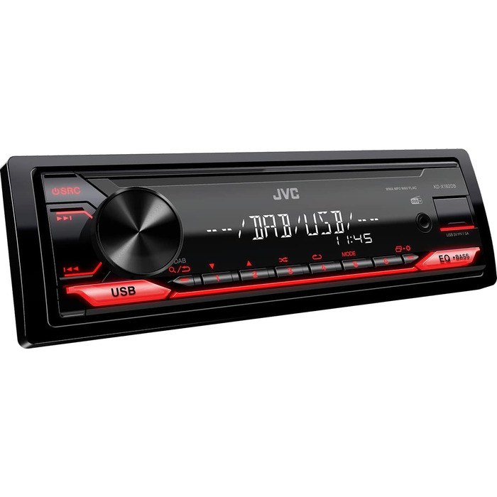 Автомагнітола JVC KD-X182DB з DAB (USB, AUX-вхід, 1 x Pre-Out 2,5 В, звуковий процесор, 4x50 Вт, червоне підсвічування), чорний