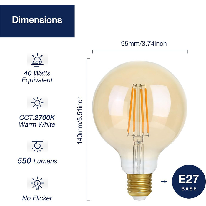 Вт (замінює 40 Вт), G95 Ретро світлодіодна нитка розжарювання Лампочка Едісона E27 Vintage, лампочка 550 лм E27 2700K теплий білий, 3 шт. и (бурштинове скло), 27 LED Vintage, 5,5