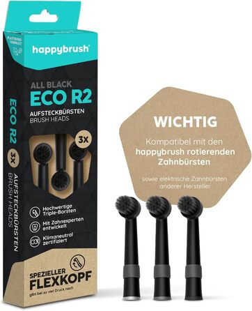 Щітки happybrush для електричних обертових зубних щіток - Сумісні з R2, а також моделями інших виробників - AllBlack - 3x3 шт. и