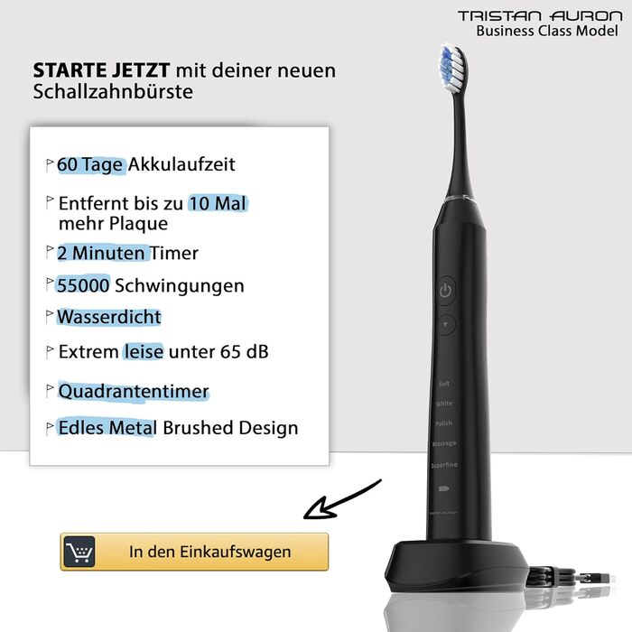 Звукова зубна щітка Tristan Auron - 55 000 вібрацій - 5 режимів - батарея на 60 днів коробка для ультрафіолетової дезінфекції (кейс) 6 насадок - електрична зубна щітка Business Class (чорна)