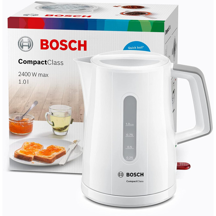 Акумуляторний чайник Bosch CompactClassTWK3A051, швидкий нагрів, індикатор рівня води з обох сторін, захист від перегріву, 1 л, 2400 Вт, білий Single