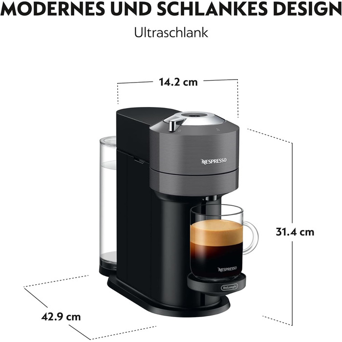 Кавова капсульна машина Nespresso De'Longhi ENV 120.GY Vertuo Next, 1500 Вт, 1,1 л, 42,9 x 14,2 x 31,9 см, сіра без піноутворювача молока