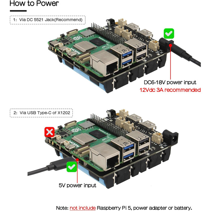 ДБЖ Geekworm Raspberry Pi 5 (X1202), 4-елементний ДБЖ на 18650 (макс. вихід 5,1 В 5 А) з широким входом 6-18 В Автоматичне ввімкнення Безпечне вимкнення Виявлення втрати потужності