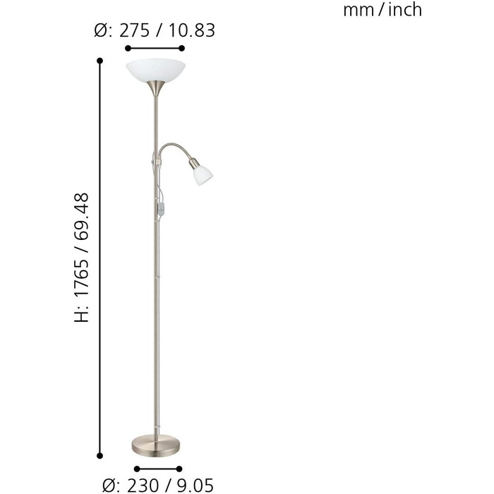 Торшер EGLO Up 2, 2-полум'яний торшер, торшер з металу, скла та пластику, світильник для вітальні сріблястого, білого, світильник з вимикачем, стельовий умивальник з лампою для читання, E27, E14 нікель-матовий
