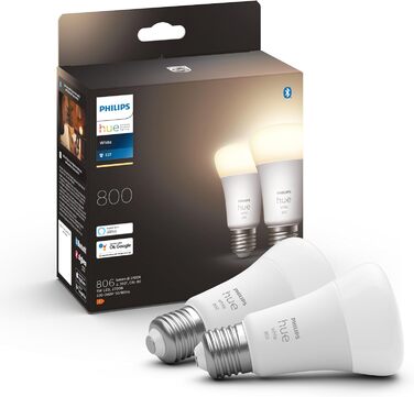 Світлодіодна лампа Philips Hue White E27 (806 лм), світлодіодна лампа з регулюванням яскравості для системи освітлення Hue з теплим білим світлом, інтелектуальне керування освітленням за допомогою голосу та програми (800 люменів, 2 упаковки)