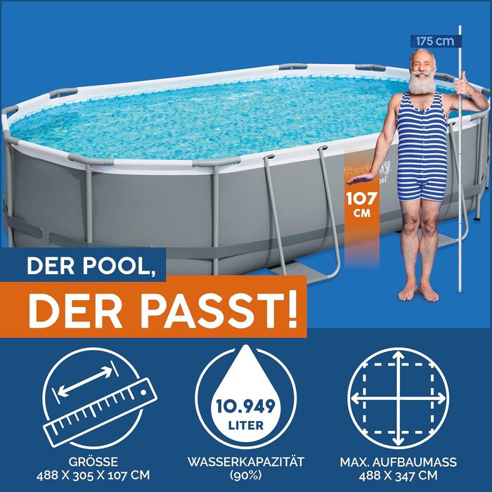 Басейн Bestway Power Steel Frame Pool Complete with Filter Pump 488 x 305 x 107 см, сірий, овальний