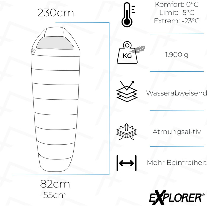 Спальний мішок EXPLORER GRNLAND -23C -5C 350GSM 3-4 сезони зимовий мумія спальний мішок для дорослих 1900g 230x82x55cm ідеально підходить для відпочинку на природі, кемпінгу, походів і подорожей Синя блискавка зліва