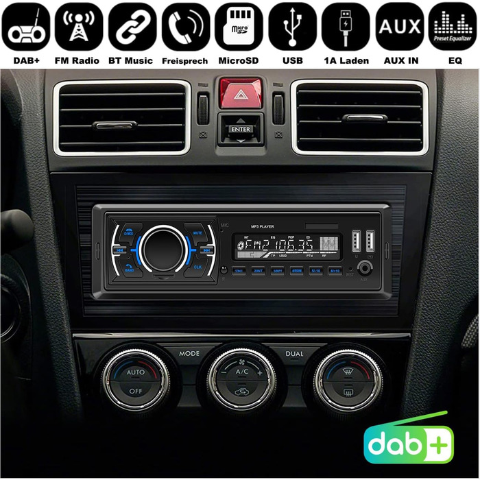 Автомобільне радіо DAB з музикою Bluetooth Гучний зв'язок I FM-радіо I 1A Функція заряджання смартфона I microSD USB AUX IN (ipod) I вбудований мікрофон I Пульт дистанційного керування на кермі I 1 DIN mp3 WAV (D3307)