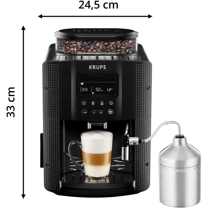 Повністю автоматична кавоварка Krups EA8150 Essential Espresso 1450 Вт Резервуар для води 1,7 літра 15 бар РК-дисплей 3 температурні рівні 3 помелу Чорний сингл