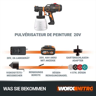 Акумуляторний фарборозпилювач WORX WX020 Nitro 20В - потужний безщітковий двигун - 3 форми розпилення та 4 розміри сопла - легке очищення - рівномірне розпилення - в комплекті акумулятор 4Ач та швидкий зарядний пристрій 2А в комплекті акумулятор 4Ач та за