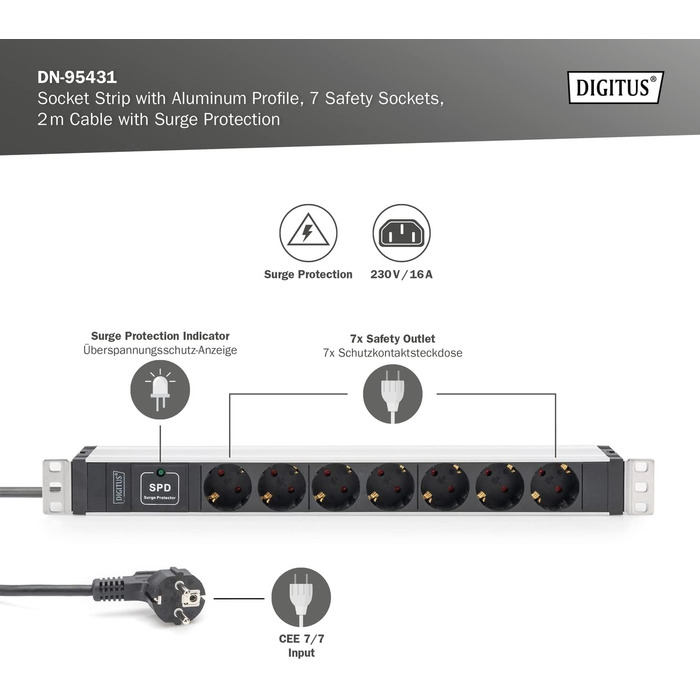 Подовжувач живлення DIGITUS 19 - - 1U - 250 В змінного струму - 50/60 Гц - 16 А - 4000 Вт (7 кранів, захист від перенапруг, версія DE)