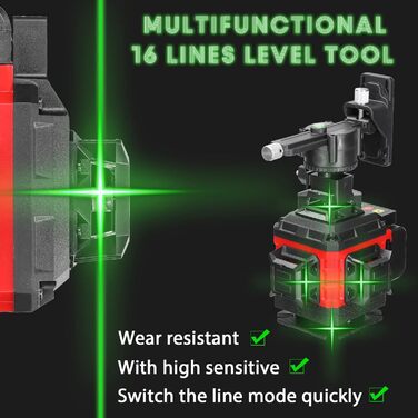 Лінійний лазерний 16-лінійний лазерний рівень перехресний лазерний самовирівнюючий лазерний рівень всеспрямований підлога стіна наклейка набір інструментів для DIY, 2 літієва батарея, що перезаряджається, 4x360