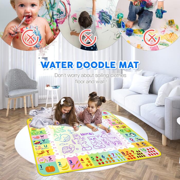 Аква килимок для розфарбовування Doodle Kids Toy 1 2 3 роки - килимок для розфарбовування з водяною ручкою 120 х 90 см для дитини, великий чарівний килимок для розфарбовування з водяною книгою та аксесуарами для чарівних ручок 120*90 у мішку