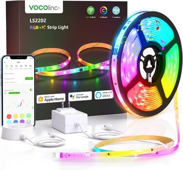 Світлодіодні стрічки VOCOlinc Smart RGBIC 5m Pro, світлодіодна стрічка працює з Apple HomeKit, Alexa та Google Assistant, Синхронізація світла з покритою стрічкою своїми руками з музикою, підходить для домашньої спальні LS3-5M