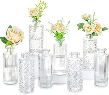 Маленькі вази для прикраси столу Hewory 8er Vintage Deco Vase Glass Deco Vases Set Glass, Маленька скляна ваза Вази Маленька ваза для прикраси столу Квіткова ваза Маленька для весільної вітальні, ребристий і шорсткий візерунок Прозорий 8