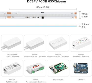 Гнучка світлодіодна стрічка високої щільності COB WS2811 IC світлодіодна стрічка 5M 630 світлодіодів / м 14 Вт / м DC24V IP30 Карбування кольору Прикраса своїми руками (не контролер вмісту та блок живлення) (Біла друкована плата, DC24V 5M 630 світлодіодів