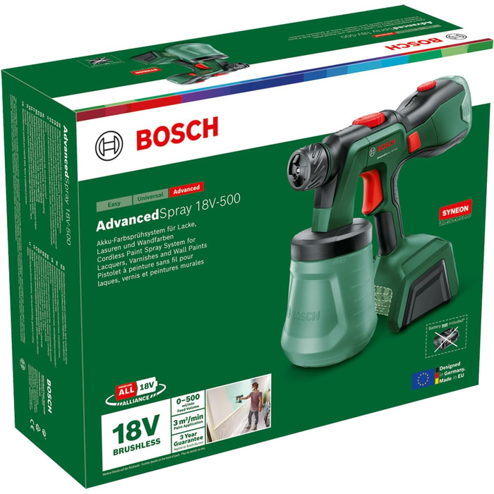 Акумуляторний фарборозпилювач Bosch AdvancedSpray 18V-500 (для емульсійних/латексних фарб, глазурі та лаків 3 м/хв 2 балончика по 1200 мл система 18 В без акумулятора)