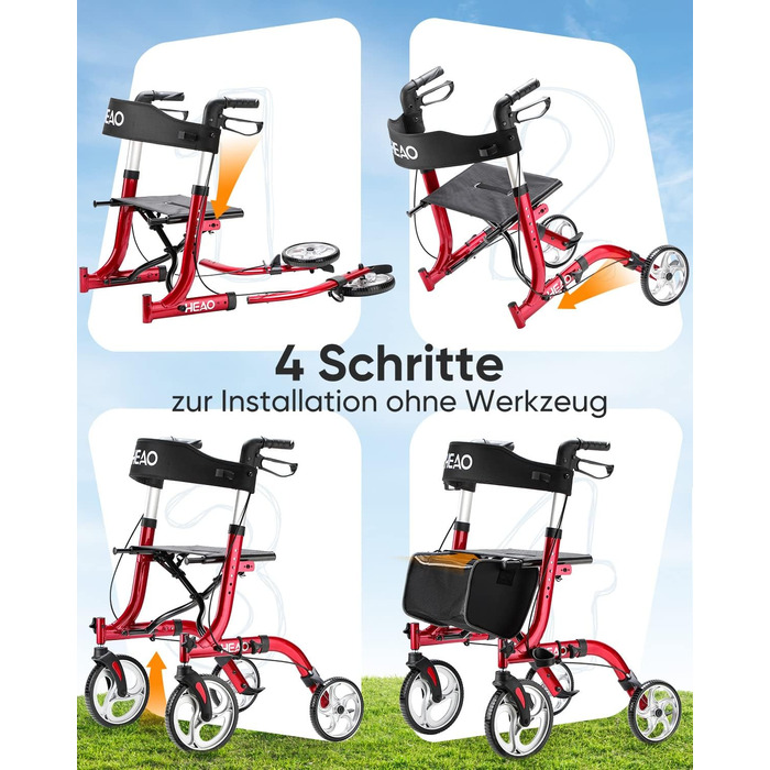 Ролик HEAO з сидінням для літніх людей, туристичний ролик з підсклянником і спинкою, складаний і легкий, колеса 25,4 см, червоний
