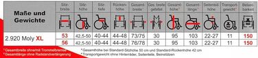 Інвалідний візок FabaCare 2920 Moly XL з барабанним гальмом, легкий складний інвалідний візок, складна колісна каскатка, наскрізні осі, складні бічні панелі, знімні підставки для ніг, регульований кут нахилу підніжки, SB 53 см Ширина сидіння 53 см