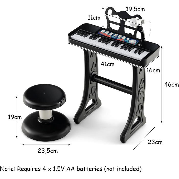 Набір дитячих клавішних інструментів KOMFOTTEU 37 клавіш, дитяче піаніно зі світловими ефектами та мікрофоном, електронне піаніно в комплекті зі стільчиком, дитяча клавіатура 22 удари / 4 тони / 4 ритми (чорного кольору)