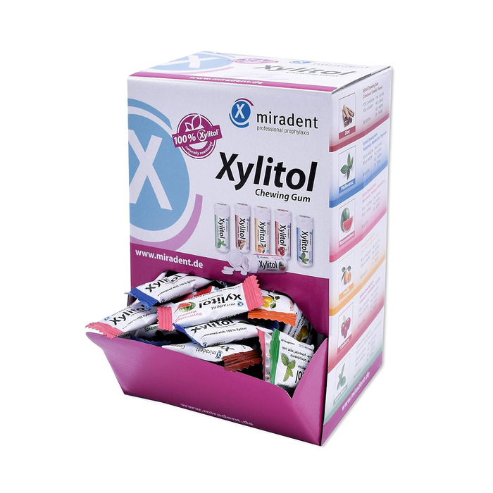 Жувальна гумка miradent Xylitol Об'ємна коробка 200 шт. веганська жувальна гумка з ксилітом Жувальна гумка для догляду за зубами для дітей та дорослих без аспартаму, сорбіту, лактози, діоксиду титану Профілактика карієсу без цукру