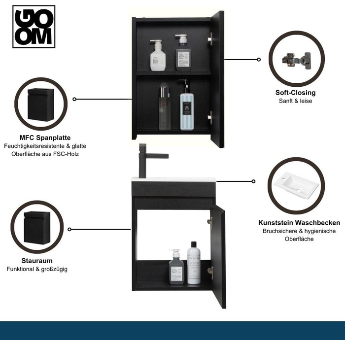 Набір гостьового туалету GOOM 40 см Меблі для ванної кімнати Попередньо зібраний невеликий умивальник з нижньою тумбою (умивальник дзеркальна шафа, чорний)