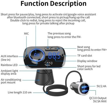 Бездротовий FM-передавач INF для автомобіля, Bluetooth 5.0, адаптер Bluetooth, із зарядним пристроєм USB, портом AUX та світлодіодом