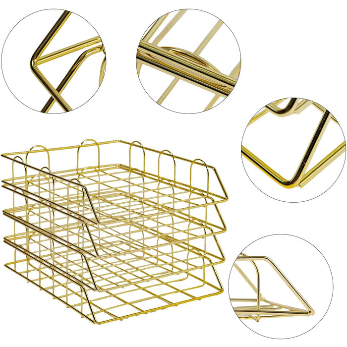 Металевий лоток для листів, штабельовані полиці для зберігання Лоток для документів Лоток для паперу з металевим дротом для дому, школи та офісу Упорядкування документів, файлів, косметики (золото), 4 шт.