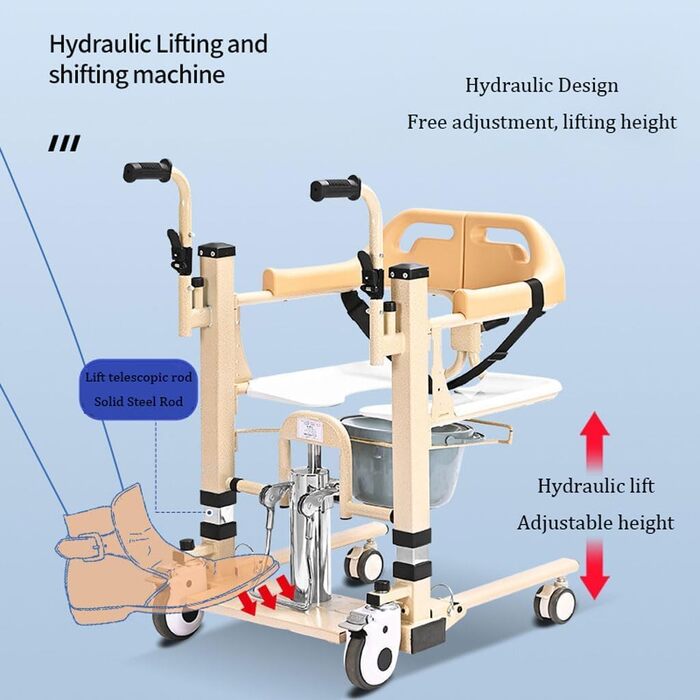 Інвалідний візок для підйому пацієнта 5-в-1, гідравлічний підйомник для пацієнтів, регульований підйомник для перенесення пацієнта, крісло для перенесення розділеного сидіння на 180 жовтий