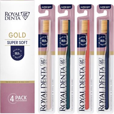 Зубна щітка Royal Denta Gold Super Soft 4 шт. и, екстра м'яка для чутливих зубів і ясен, щетина подвійної довжини для чищення міжзубних проміжків