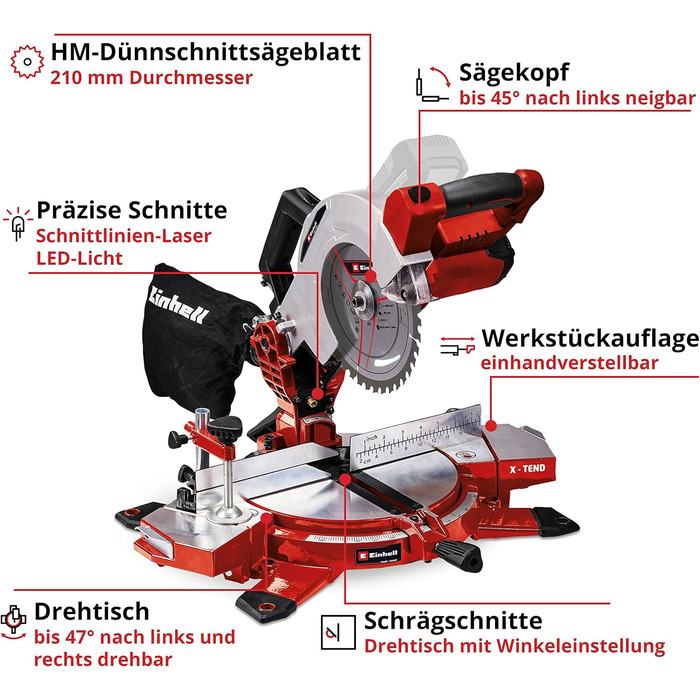 Акумуляторна поперечна пила Einhell TE-MS 18/210 Li-Solo Power X-Change (18 В, макс. глибина/ширина різання 60 мм x 120 мм, пильний диск Ø 210 мм, поворотна пильна головка, лазер, без акумулятора та зарядного пристрою, без E-стійки)
