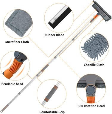 Засіб для чищення вікон, професійний ракель для миття вікон з поворотною головкою та телескопічною ручкою від 58 до 200 см, інструменти для миття скла для внутрішніх та зовнішніх високих вікон