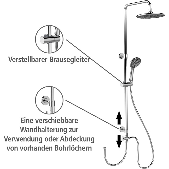 Душова система WENKO Watersaving, Душова штанга з водозберігаючим дощовим душем і ручним душем, Регульована висота, Нержавіюча сталь, 75-120 см, Хром