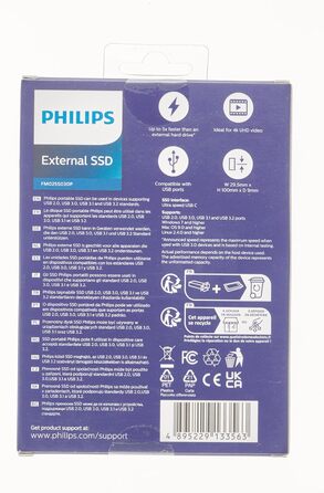 Зовнішній портативний SSD-накопичувач Philips на 2 ТБ - ультратонкий SATA Ultra Speed USB-C, швидкість читання до 550 МБ/с, алюміній