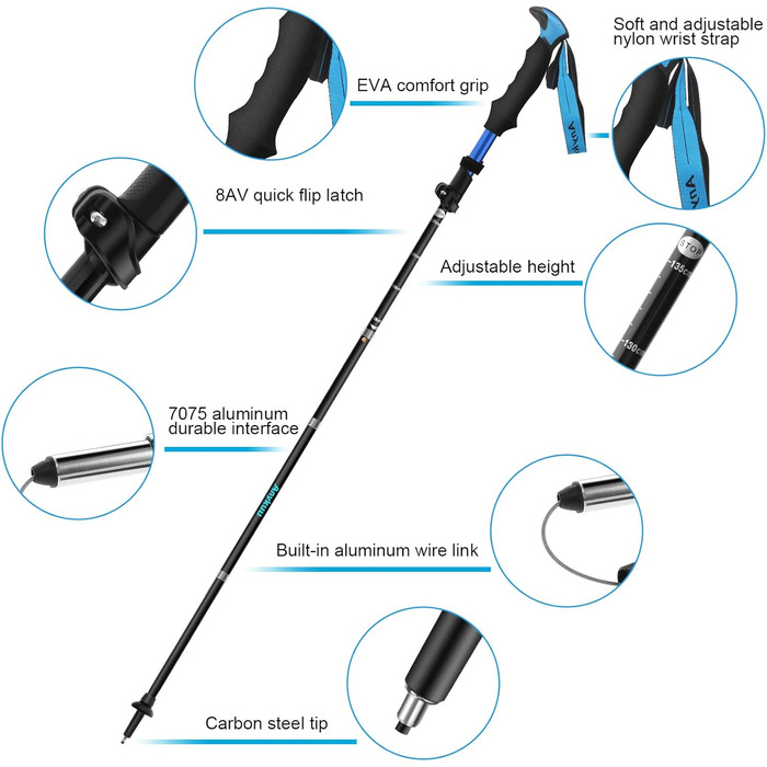 Палиці для скандинавської ходьби Anykuu, складні, 110-130 см, телескопічні, протиударні, з сумкою для перенесення, сині