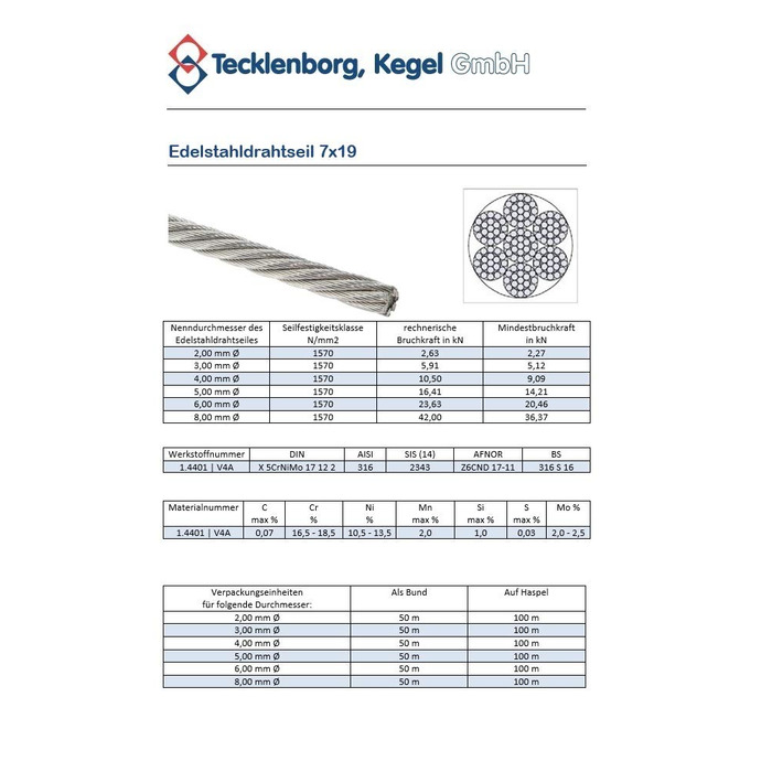 Мотузка з нержавіючої сталі 7х19, 100м, 2мм Ø, мотузка V4A нержавіюча сталь AISI 316, нержавіюча, м'яка, високого подовження - Текленборг, Kegel GmbH 2мм 100 метрів
