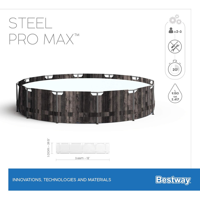 Набір каркасних басейнів Bestway Steel Pro MAX з фільтруючим насосом Ø 366 x 100 см, дерев'яний вигляд (морений дуб), круглий одинарний