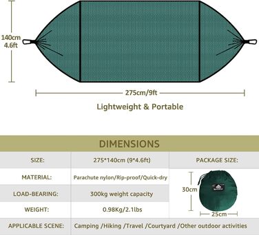 Туристичний кемпінг-гамак NatureFun преміум-класу з москітною сіткою з максимальною вантажопідйомністю 300 кг, дихаючий швидковисихаючий нейлон 2 карабіни та 2 стропи в комплекті темно -зелений