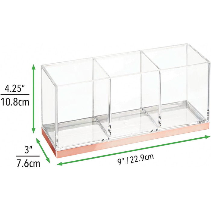 Великий тримач для макіяжу mDesign з 3 відділеннями практична коробка для сортування косметики квадратна пластикова коробка для макіяжу прозора та рожеве золото Прозоре/рожеве золото