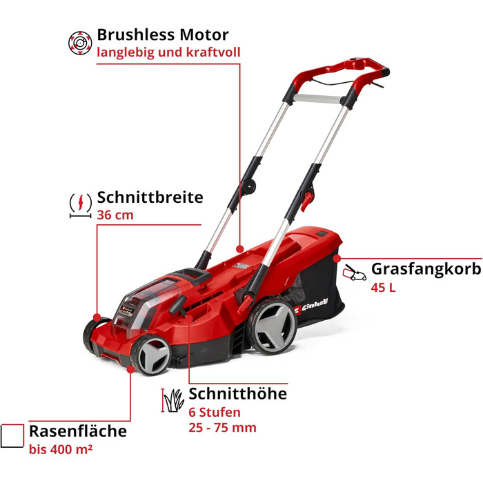 Акумуляторна газонокосарка Einhell RASARRO 36/36 Kit Power X-Change (36 В, ширина зрізу 36 см, до 400 м, травозбірник 45 л, висота зрізу 25-75 мм, вкл. 2 акумуляторні батареї 3.0 Ah Plus 2 зарядні пристрої)