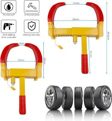 Іммобілайзер кігтів для кігтів коліс Mesybveo, замок колеса проти крадіжки паркувального кігтя з 2 ключами, універсальний замок колеса з регулюванням на 9 отворів і замком безпеки, для автомобіля, мотоцикла