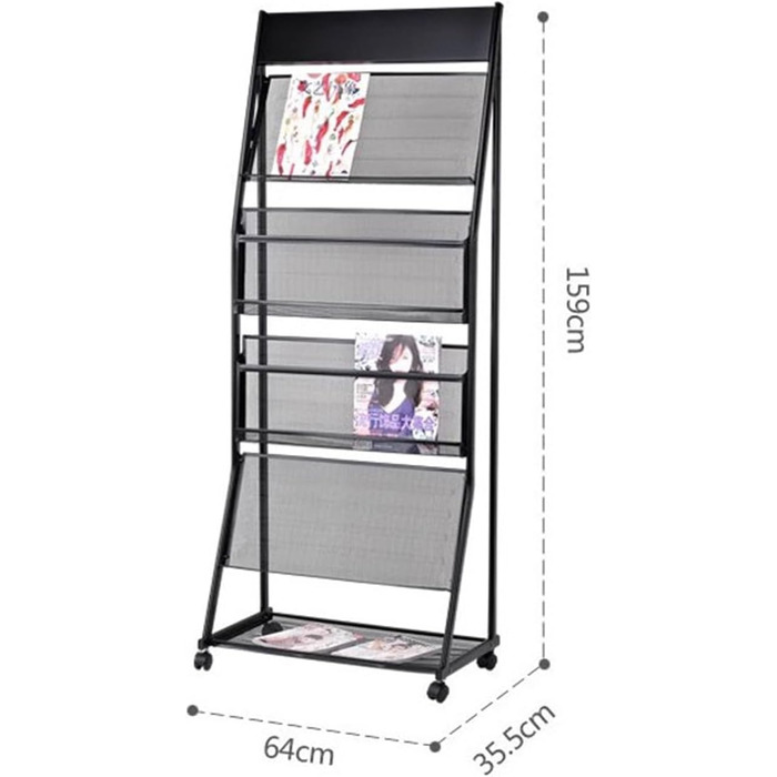 Підлоговий стелаж для журналів, підлоговий стелаж для брошур, підлоговий стелаж для газет, підлоговий стелаж для газет з 4-шарової сталі з колесами, з'єднувальні кронштейни для легкого монтажу I Білий